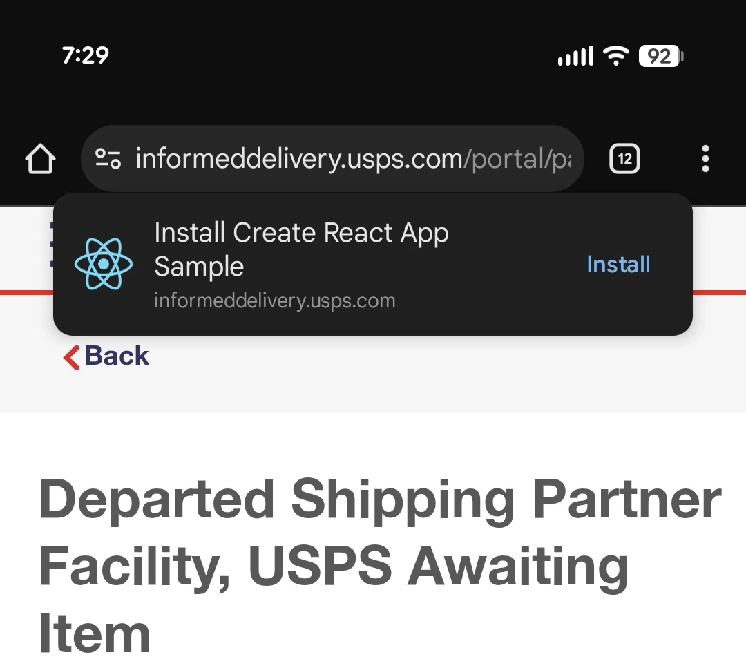 A mobile screenshot of the USPS tracking page showing package status updates, overlaid with an unexpected 'Install Create React App Sample' browser prompt at the top of the screen.